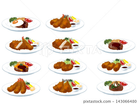 [Menu/Food Ingredients] A set of 11 illustrations of classic Japanese set meals such as hamburg steak, tonkatsu (pork cutlet), and fried horse mackerel. 143066480