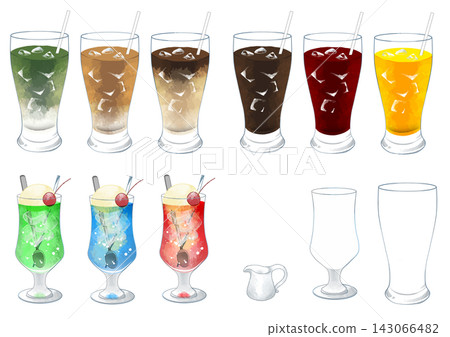 【咖啡館菜單/咖啡店素材】一套 12 張插圖，用於繪製奶油蘇打水、冰咖啡等冷飲。 143066482
