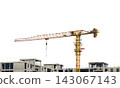 Under construction high multi-storey building with yellow black tower type construction crane isolated on transparent, white background. Blank for industry, real estate investment template 143067143