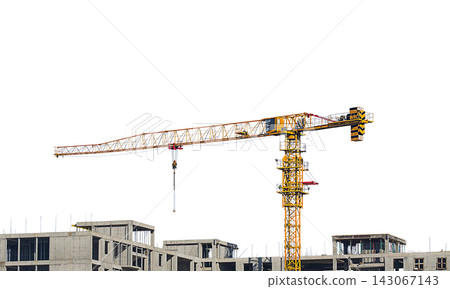 Under construction high multi-storey building with yellow black tower type construction crane isolated on transparent, white background. Blank for industry, real estate investment template Under construction high multi-storey building with yellow black tower type construction crane isolated on transparent, white background. Blank for industry, real estate investment template 143067143