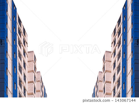Two rows of new high-rise buildings facing each other, receding into the distance, shown during construction and installation of new PVC windows, image isolated on a transparent or white background Two rows of new high-rise buildings facing each other, receding into the distance, shown during construction and installation of new PVC windows, image isolated on a transparent or white background 143067144
