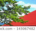 Red roof and green branches and leaves 143067482