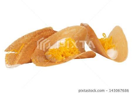 Thai Crispy Crepes isolated on white background Thai Crispy Crepes isolated on white background 143067686