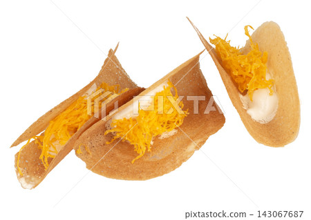 Thai Crispy Crepes isolated on white background Thai Crispy Crepes isolated on white background 143067687