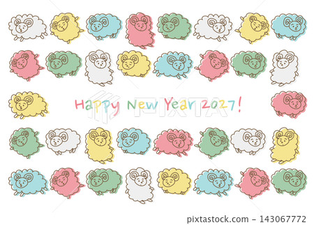New Year's card for the Year of the Sheep, 2027: Cute and relaxed sheep pattern New Year's card for the Year of the Sheep, 2027: Cute and relaxed sheep pattern 143067772