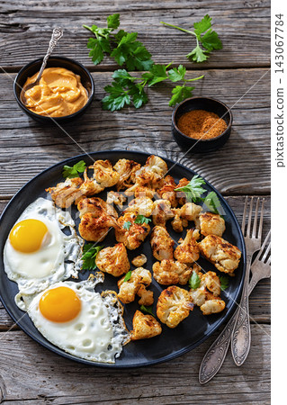 Roasted cauliflower with sunny side up fried eggs Roasted cauliflower with sunny side up fried eggs 143067784