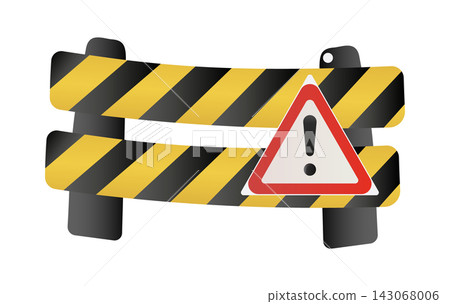 Yellow and black striped construction barrier with warning triangle sign Yellow and black striped construction barrier with warning triangle sign 143068006