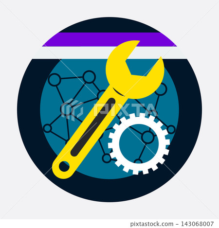 Digital service concept badge with yellow wrench and gear mechanism Digital service concept badge with yellow wrench and gear mechanism 143068007