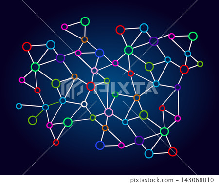 Colorful digital network graph with connected nodes on blue background Colorful digital network graph with connected nodes on blue background 143068010