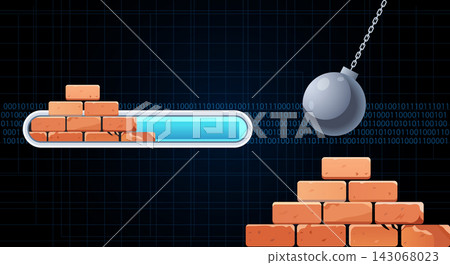 Demolition wrecking ball smashing a brick wall concept illustration 143068023