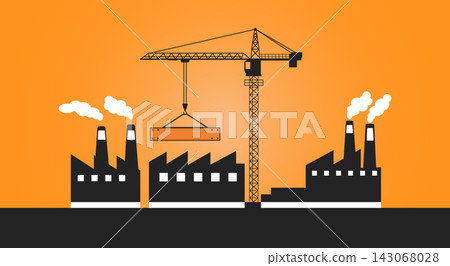 Industrial factory construction scene with tower crane and smoking chimneys Industrial factory construction scene with tower crane and smoking chimneys 143068028