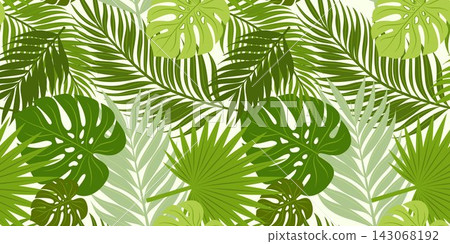 Seamless vector pattern with tropical palm and monstera leaves. Botanical repeat design for textile, wallpaper, packaging, branding and decor. Seamless vector pattern with tropical palm and monstera leaves. Botanical repeat design for textile, wallpaper, packaging, branding and decor. 143068192