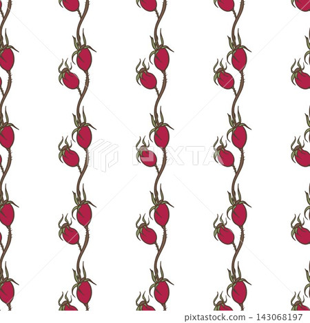 Vector seamless pattern with red rosehip berries and sage green stems on white background. Minimalist print for cosmetic packaging and wellness. Vector seamless pattern with red rosehip berries and sage green stems on white background. Minimalist print for cosmetic packaging and wellness. 143068197