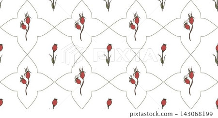 Vector seamless pattern preview with red rosehip berries and green geometric grid on white background. Botanical floral ornament for gift paper. Vector seamless pattern preview with red rosehip berries and green geometric grid on white background. Botanical floral ornament for gift paper. 143068199