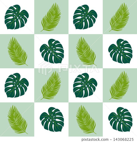Seamless vector checkered pattern with monstera and palm leaves in green squares. Tropical botanical design for textile, wallpaper, packaging and print. 143068225