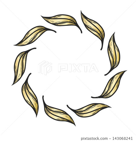 Vector illustration of a circular olive leaf wreath with golden gradient. Elegant round frame for wedding invitation, logo, and organic branding. Vector illustration of a circular olive leaf wreath with golden gradient. Elegant round frame for wedding invitation, logo, and organic branding. 143068241