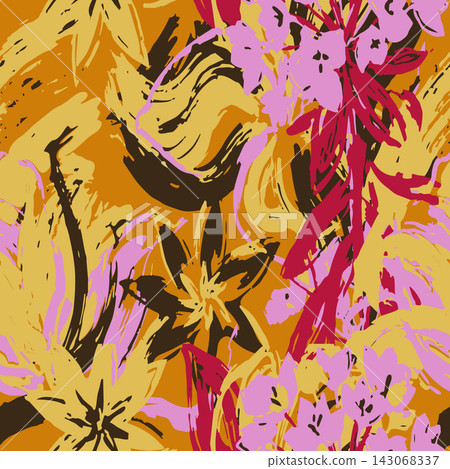 Abstract seamless floral repeat featuring painterly brush strokes, bold oversized blossoms, layered petals, warm orange base, pink and crimson accents, and dark flowing contours for wrapping paper. Abstract seamless floral repeat featuring painterly brush strokes, bold oversized blossoms, layered petals, warm orange base, pink and crimson accents, and dark flowing contours for wrapping paper. 143068337