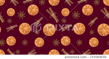 Dark Burgundy Christmas mulled wine spice seamless pattern. Minimalist citrus fruit and cinnamon vector texture for holiday cafe packaging Dark Burgundy Christmas mulled wine spice seamless pattern. Minimalist citrus fruit and cinnamon vector texture for holiday cafe packaging 143068656
