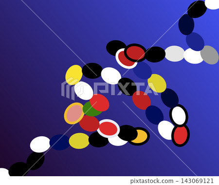 Abstract DNA helix chain concept vector illustration with colorful oval dots and beads on gradient blue background 143069121