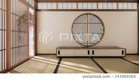 Autumn, Japanese style circular window and Japanese room with tatami mats on the floor and cabinet decor.3D rendering 143069368