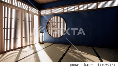 Muji room interior with dark blue color wall japanese style design.3d rendering Muji room interior with dark blue color wall japanese style design.3d rendering 143069373