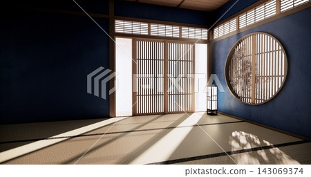 Muji room interior with dark blue color wall japanese style design.3d rendering Muji room interior with dark blue color wall japanese style design.3d rendering 143069374