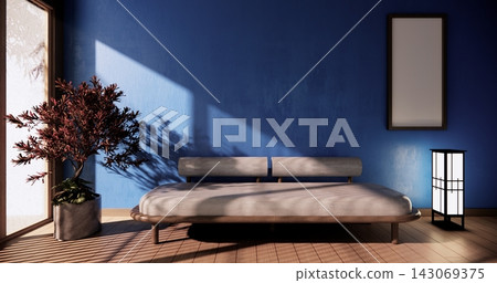 Muji room interior with dark blue color wall japanese style design.3d rendering Muji room interior with dark blue color wall japanese style design.3d rendering 143069375