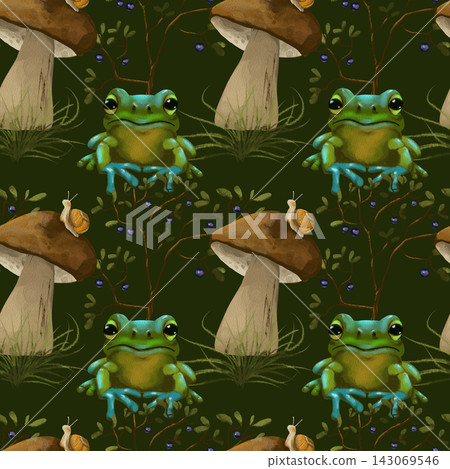 Seamless pattern with cute watercolor forest frog, mushroom, and snail on dark background Seamless pattern with cute watercolor forest frog, mushroom, and snail on dark background 143069546