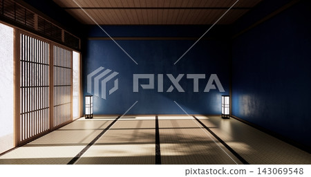 Muji room interior with dark blue color wall japanese style design.3d rendering Muji room interior with dark blue color wall japanese style design.3d rendering 143069548