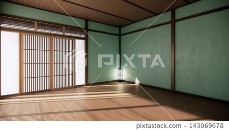 Mint room Minimalist Japanese interior with wooden elements and natural light through shoji doors. 3D rendering Mint room Minimalist Japanese interior with wooden elements and natural light through shoji doors. 3D rendering 143069678