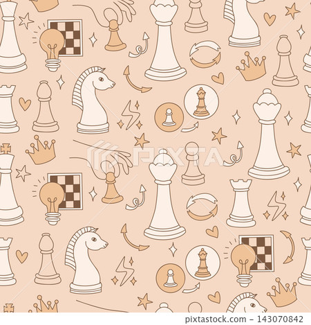 Chess Seamless Pattern Doodle. Strategy Game Pieces Hand with Pawn, Board Crown Light Bulb Arrow Symbol on Beige Background. Vector Illustration. Pastel Texture Line Hand Drawn for Fabric Packaging 143070842