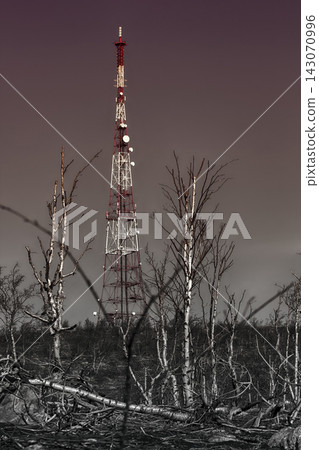 Modern telecommunication tower and destroyed forest tundra Modern telecommunication tower and destroyed forest tundra 143070996