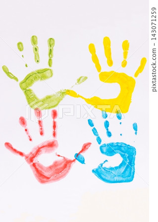 Kids handprint made of paint on white background. Autism spectrum disorder. Autism awareness Kids handprint made of paint on white background. Autism spectrum disorder. Autism awareness 143071259