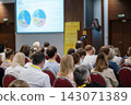 Business audience facing projected pie charts 143071389