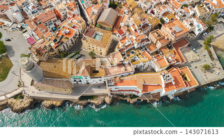 Aerial View of Sant Bartomeu and Santa Tecla Church on Sitges Seafront 143071613