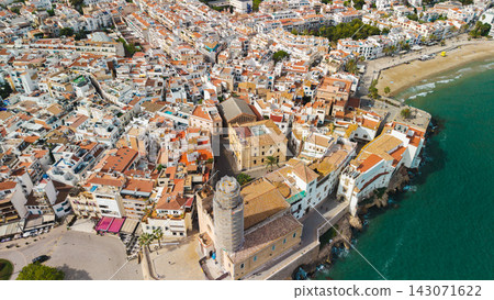 Aerial View of Church of Sant Bartomeu and Santa Tecla in Sitges 143071622