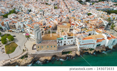 Aerial view of the Church of Sant Bartomeu and Santa Tecla in Sitges, Spain Aerial view of the Church of Sant Bartomeu and Santa Tecla in Sitges, Spain 143071633