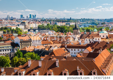Elevated Summer Panorama of Prague Rooftops and Skyline Elevated Summer Panorama of Prague Rooftops and Skyline 143071644