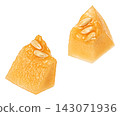Falling sweet melon pulp cubes isolated on white background with clipping path 143071936