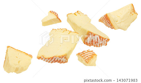 Rougette cheese pieces isolated on white background with clipping path Rougette cheese pieces isolated on white background with clipping path 143071983