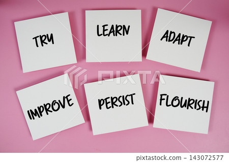 Growth concept : Try, Learn, Adapt, Improve, Persist, Flourish message written on paper notes Growth concept : Try, Learn, Adapt, Improve, Persist, Flourish message written on paper notes 143072577