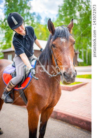 Lovely young woman wearing helmet stroking to her brown horse Lovely young woman wearing helmet stroking to her brown horse 143072973