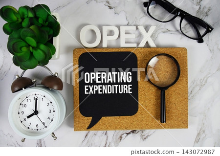 OPEX - Operating Expenditure acronym with alarm clock and magnifying glass, business concept background OPEX - Operating Expenditure acronym with alarm clock and magnifying glass, business concept background 143072987