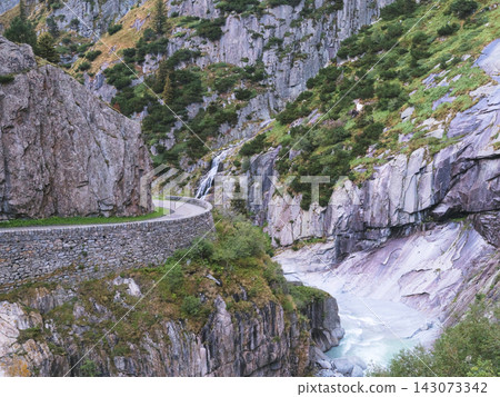 Suvorov Pass landscape with river and road Suvorov Pass landscape with river and road 143073342