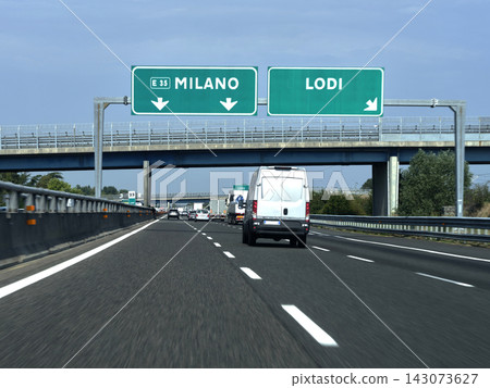 Road signs directing to Milano and Lodi Road signs directing to Milano and Lodi 143073627