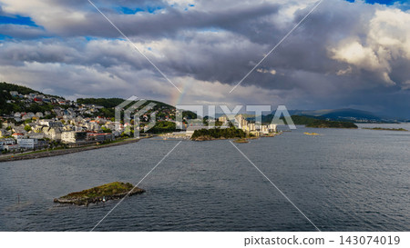 Coastal town view with islands and mountains, Alesund Norway Coastal town view with islands and mountains, Alesund Norway 143074019