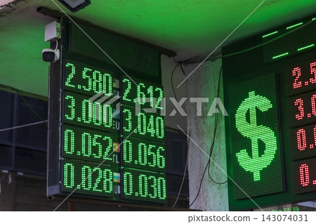 Electronic LED currency exchange rate board on a building exterior showing buy and sell values for global foreign currencies. Money Electronic LED currency exchange rate board on a building exterior showing buy and sell values for global foreign currencies. Money 143074031