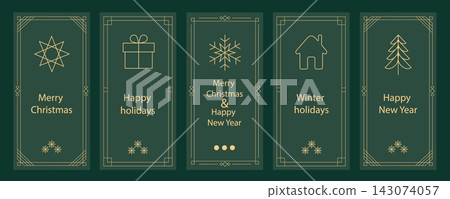 Geometric Christmas and New Year Holiday Cards Set. Christmas decorations pattern, greeting card background. Abstract ornaments, snowflakes, geometric trees and bold modern festive backgrounds Geometric Christmas and New Year Holiday Cards Set. Christmas decorations pattern, greeting card background. Abstract ornaments, snowflakes, geometric trees and bold modern festive backgrounds 143074057