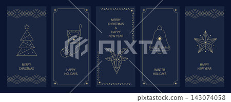Geometric Christmas and New Year Holiday Cards Set. Christmas decorations pattern, greeting card background. Abstract ornaments, snowflakes, geometric trees and bold modern festive backgrounds Geometric Christmas and New Year Holiday Cards Set. Christmas decorations pattern, greeting card background. Abstract ornaments, snowflakes, geometric trees and bold modern festive backgrounds 143074058