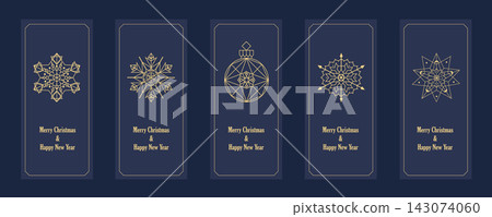 Geometric Christmas and New Year Holiday Cards Set. Christmas decorations pattern, greeting card background. Abstract ornaments, snowflakes, geometric trees and bold modern festive backgrounds Geometric Christmas and New Year Holiday Cards Set. Christmas decorations pattern, greeting card background. Abstract ornaments, snowflakes, geometric trees and bold modern festive backgrounds 143074060